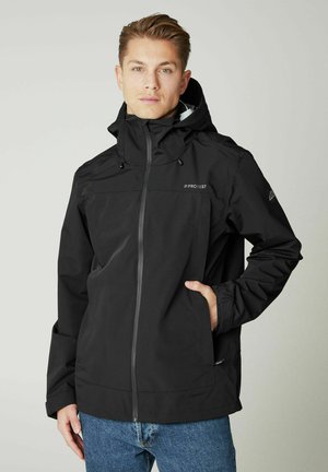 Schwarze wasserdichte Jacke mit Reißverschluss vorne, Kapuze und verstellbaren Kordeln. Verfügt über Seitentaschen und ein Logo auf der Brust.