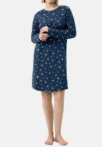 Abito da notte lungo a maniche con stampa bianca stellata, di colore blu navy, con scollatura rotonda e vestibilità comoda, realizzato in tessuto morbido.