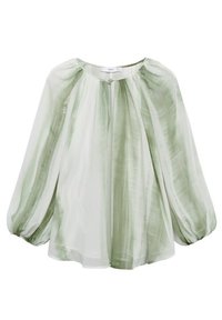 Blusa leggera con una vestibilità ampia, caratterizzata da righe verticali verdi e bianche, scollo rotondo e maniche a palloncino. Chiusura con bottoni frontale.