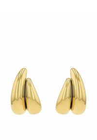 Guldmetallörhängen med en slank, tårformad design som har en glansig yta och en asymmetrisk form. Inga synliga fästen eller dekorationer.