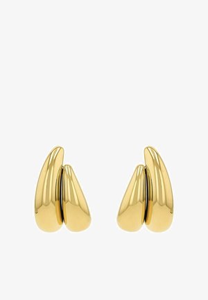 Pendientes de metal dorado con una forma elegante y en gota, que presentan un acabado brillante y un diseño asimétrico. Sin cierres o acentos visibles.