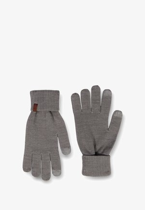 Graue gestrickte Handschuhe mit einem gerippten Bündchen, die eine glatte Textur und ein kleines Lederakzent am Handgelenk aufweisen.