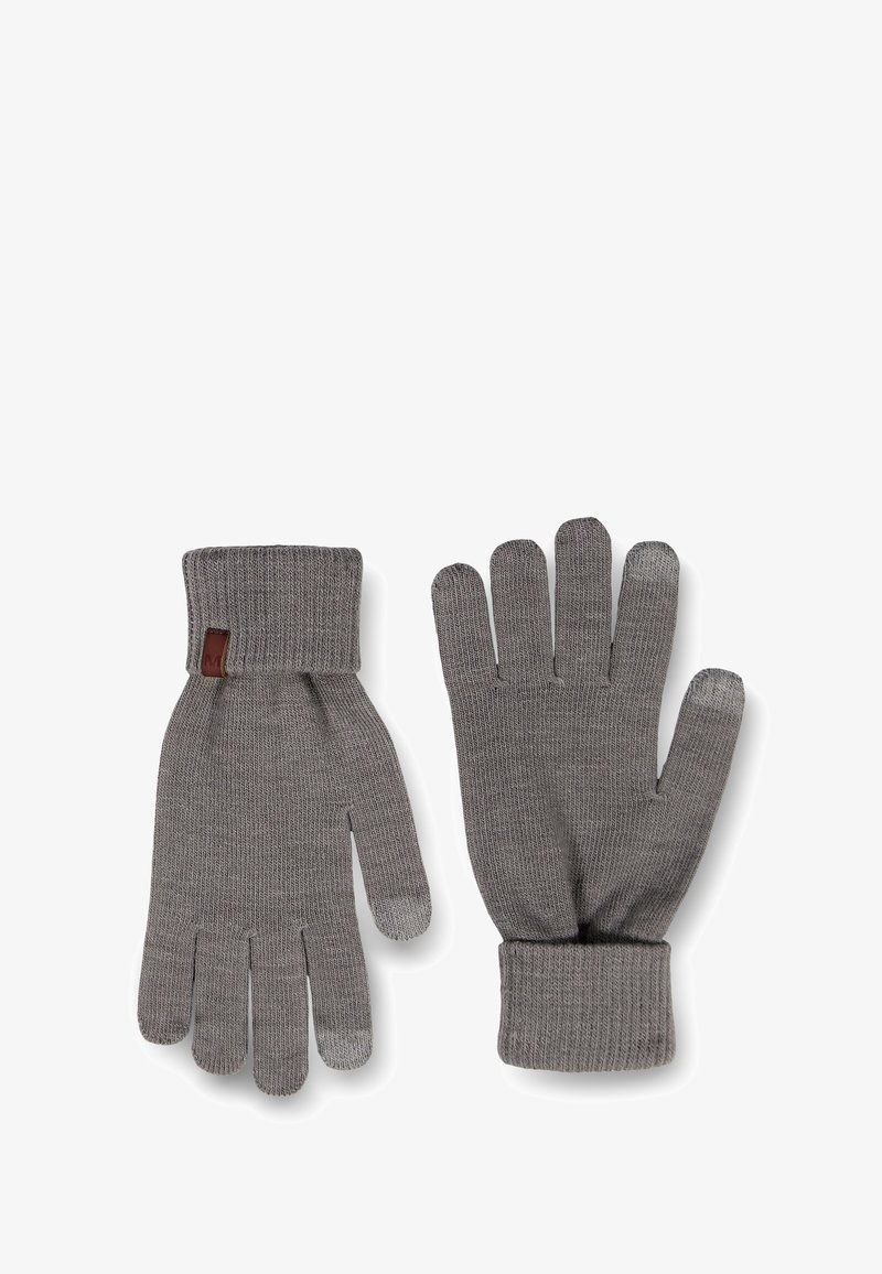 Szare wełniane rękawiczki z prążkowanym mankietem, o gładkiej fakturze i małym skórzanym akcentem na nadgarstku.