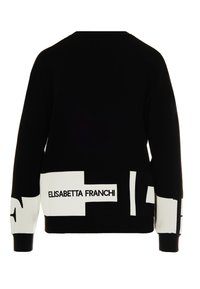 Maglione nero a maglia con un design astratto bianco sull'orlo, che presenta il nome del marchio "ELISABETTA FRANCHI" in lettere grassetto.