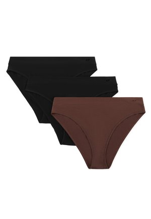 Trzy damskie majtki bikini w kolorze czarnym i brązowym, ułożone nakładające się na białym tle.