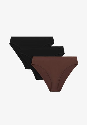 Trzy damskie majtki bikini w kolorze czarnym i brązowym, ułożone nakładające się na białym tle.