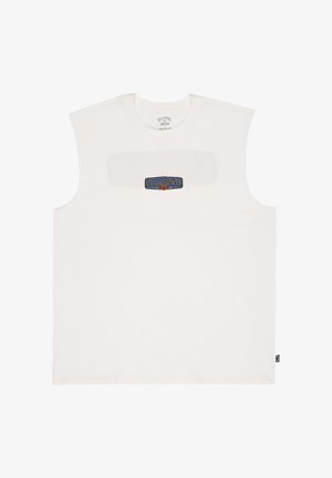 Valge varrukateta ümarsärg, millel on rinnal keskel väike sinise ja oranži värvitooniga Billabongi ristkülikukujuline logo.