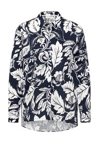 Navy blue long-sleeve shirt with white floral pattern, collared design, and button-front closure, featuring a curved hem and lightweight fabric.