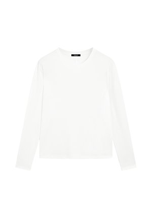 Langärmliges weißes T-Shirt aus weichem, glattem Stoff. Verfügt über einen Rundhalsausschnitt und eine lockere Passform mit geradem Saum auf Taillenhöhe.