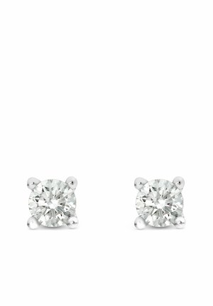 Runde Diamant-Ohrstecker, gefasst in vierkralligen Weißgold-Einstellungen, mit klaren Steinen, die eine hohe Brillanz und eine polierte Oberfläche aufweisen.