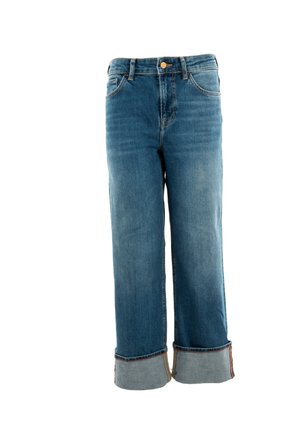 Blue denim jeans with a straight-leg design. Features rolled cuffs, a standard five-pocket layout, and a metal button at the waistband.