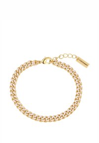 Guldkedjearmband med sammanlänkade metalldelar, en krabba-krok och en liten tagg märkt "YOKOAMII" med justerbar längd.