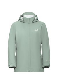 Lichtgroen waterdicht jack met capuchon, voorzien van een rits aan de voorkant, zijzakken en witte merkopdruk op de borst en mouw.