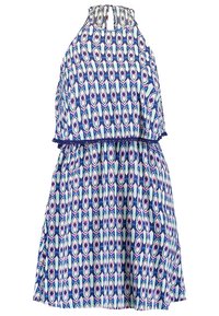 Ärmlös halterneckklänning med blå, rosa och vit geometrisk mönstring, lager på lager-bodice och draperad kjol.