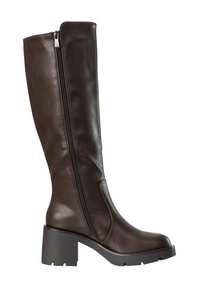 Tall dark brown leather boot with side zipper, block heel, and lug sole, suitable for fall or winter wear.