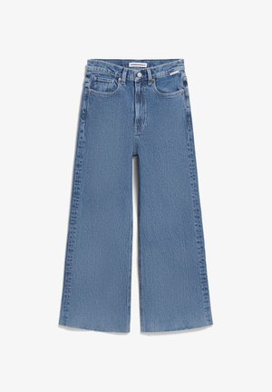 Bredde ben blå jeans lavet af denim. Har en middelhøj talje, forlommer og en ren finish med subtile falmeeffekter for tekstur.