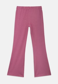 Effen roze flared broek met een elastische tailleband, gemaakt van zachte stof. Het ontwerp heeft een gladde textuur en een eenvoudige, onversierde stijl.
