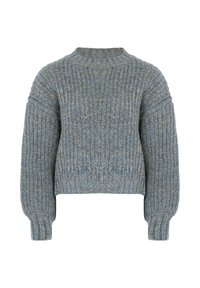 Maglione lavorato a maglia in una miscela di tonalità grigie e blu, caratterizzato da una texture a coste, colletto alto e maniche a palloncino per una silhouette rilassata.