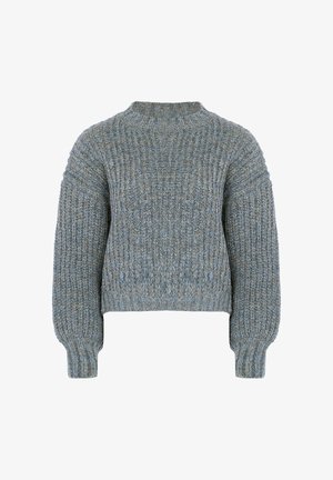 Pulover tricotat într-un amestec de nuanțe gri și bleumarin, cu o textură în dungi, guler înalt și mâneci tip balon pentru o siluetă relaxată.