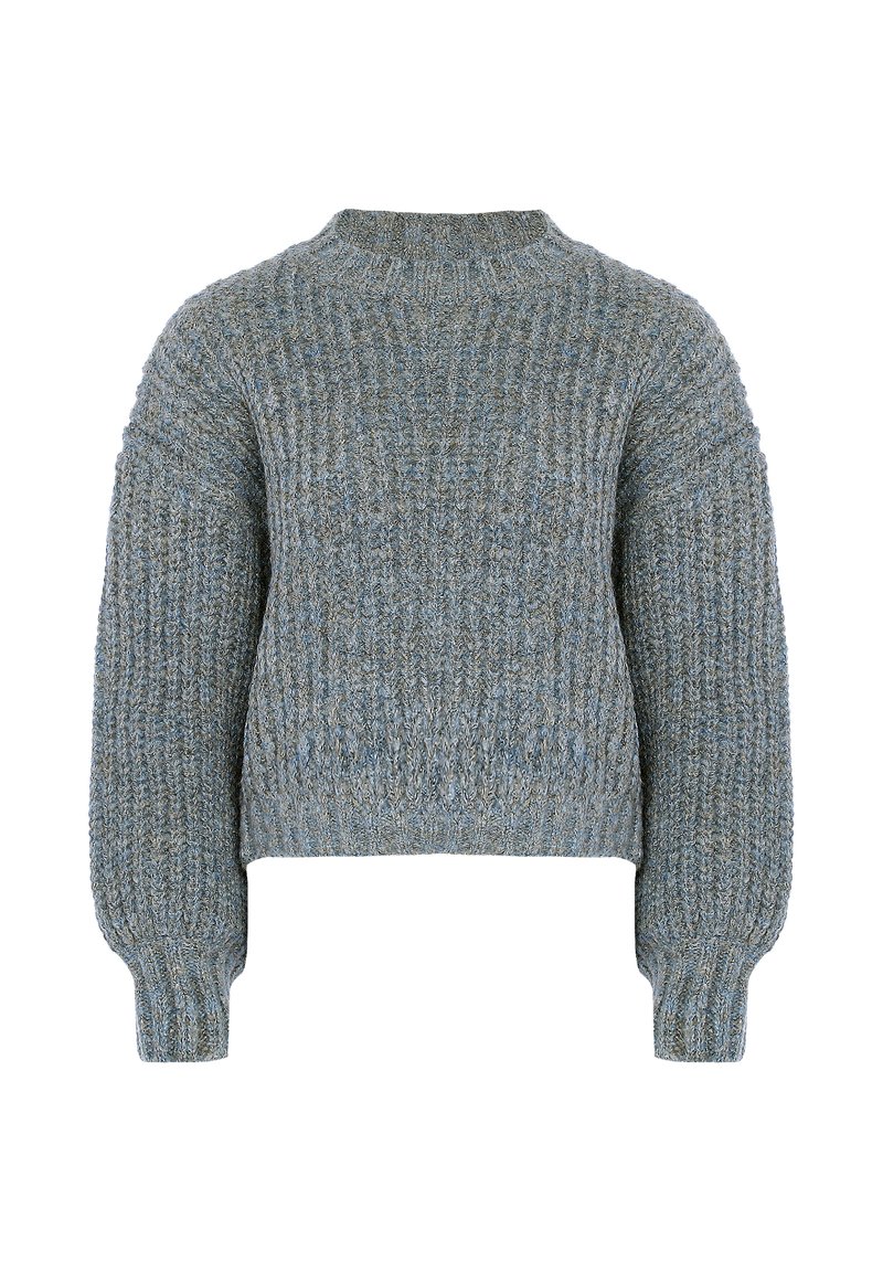 Maglione lavorato a maglia in una miscela di tonalità grigie e blu, caratterizzato da una texture a coste, colletto alto e maniche a palloncino per una silhouette rilassata.