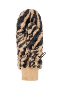 Umjetne krznene rukavice s uzorkom tigrovih pruga u bež i crnoj boji, s pletenim bež manžetama i kopčom za pričvršćivanje.