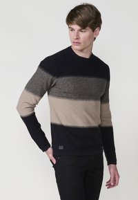 Herren Strickpullover mit Rundhalsausschnitt, drei horizontalen Streifen in Dunkelblau, Beige und Hellbraun sowie einer strukturierten Oberfläche.