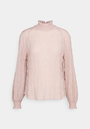 Ροζ, υφασμένη μπλούζα με μακριά μανίκια και φουσκωτό ψηλό γιακά, μεGathered λεπτομέρειες και στενές μανσέτες, κατασκευασμένη από ελαφρύ υλικό.