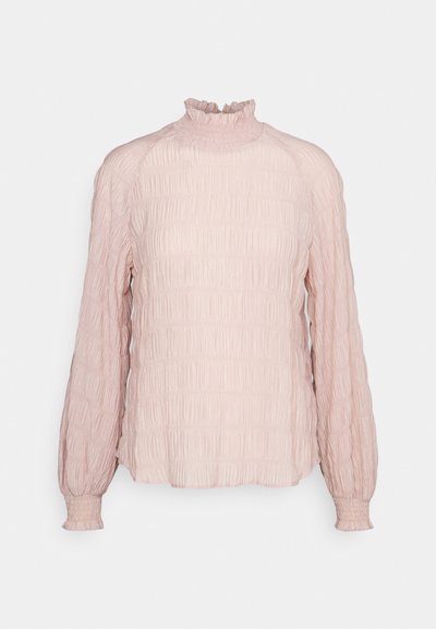 Ροζ, υφασμένη μπλούζα με μακριά μανίκια και φουσκωτό ψηλό γιακά, μεGathered λεπτομέρειες και στενές μανσέτες, κατασκευασμένη από ελαφρύ υλικό.