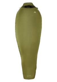 Grüner Schlafsack mit konisch zulaufendem Design, aus leichtem Gewebe. Er verfügt über eine Kordelzugkapuze und eine glatte, matte Oberfläche.