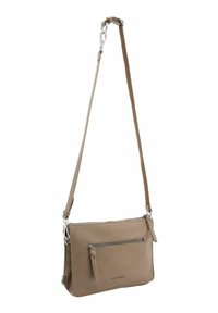 Sac bandoulière en cuir beige avec un compartiment principal zippé, une poche zippée à l'avant et une bandoulière réglable ; texture lisse. Accents en métal argenté.