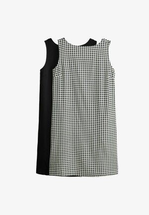 To ærmeløse A-formede kjoler, en ensfarvet sort og en sort-hvid ternet, vist overlappende på en hvid baggrund.