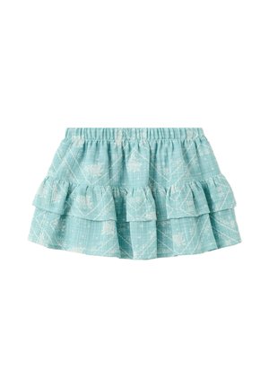 Jupe à volants bleu clair avec motifs floraux et géométriques blancs, dotée d'une ceinture élastique et de couches volantées.