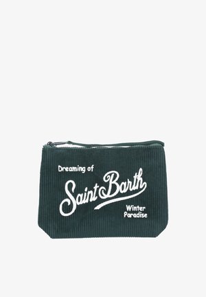 Bustina in ciniglia verde scuro con cerniera e testo bianco sul davanti che recita "Sognando il Paradiso Invernale di Saint Barth".