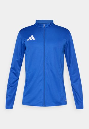 Blaues Sportjacke mit hohem Kragen, durchgehendem Reißverschluss, langen Ärmeln, zwei Seitentaschen und weißem Logo auf der linken Brust. Glatte Textur.