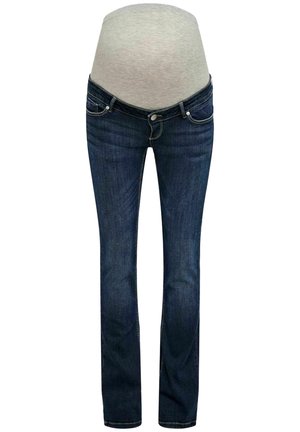 Jean de maternité avec jambes en denim bleu foncé et un panneau en tissu gris élastique pour couvrir le ventre de la femme enceinte.