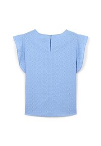 Blusa blu chiaro con un motivo a diamante testurizzato, maniche a cappuccio e una cerniera sul retro con apertura a chiave. Materiale in cotone.