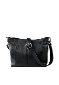 Zwarte leren schoudertas met een textuurafwerking, ritssluiting, verstelbare schouderband en subtiele stikdetails aan de voorkant.