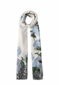 Foulard floreale con fiori azzurri chiari e foglie verdi su sfondo crema, con un accento di stampa animale grigia alle estremità. Tessuto morbido, forma allungata.