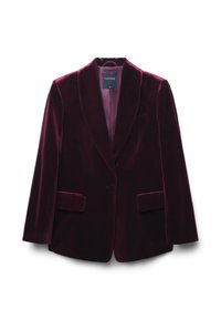 Veste en velours bourgogne profond avec col châle, fermeture à un bouton, et poches avant à rabat, taille petite, marque Calliope.