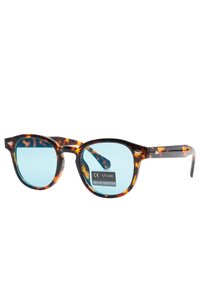 Occhiali da sole tartarugati con lenti blu sfumate, montatura rotonda e dettagli in metallo. Lenti contrassegnate con UV400 e protezione UV al 100%.