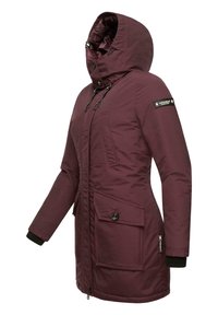 Maroon long jacket made from insulated material, featuring a padded hood, two front pockets, and ribbed cuffs. Black accents and branding present.