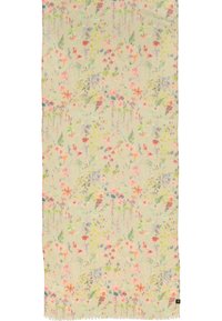 Floral patterned scarf in lightweight fabric, featuring a beige background with colorful flowers in pink, green, and blue tones. Edges are fringed.