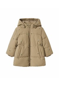 Veste matelassée beige avec capuche, ornée de petites fleurs brodées, fermeture éclair, deux poches avant et taille cintrée.