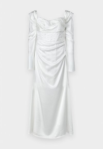 White satin dress with a structured bodice, long puffed sleeves, and draped detailing. Floor-length with a smooth texture and elegant silhouette.