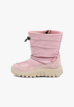 Różowy zimowy botek za kostkę z wyściełaną cholewką, beżową grubą podeszwą, bocznym zamkiem błyskawicznym i regulowanym ściągaczem u góry.