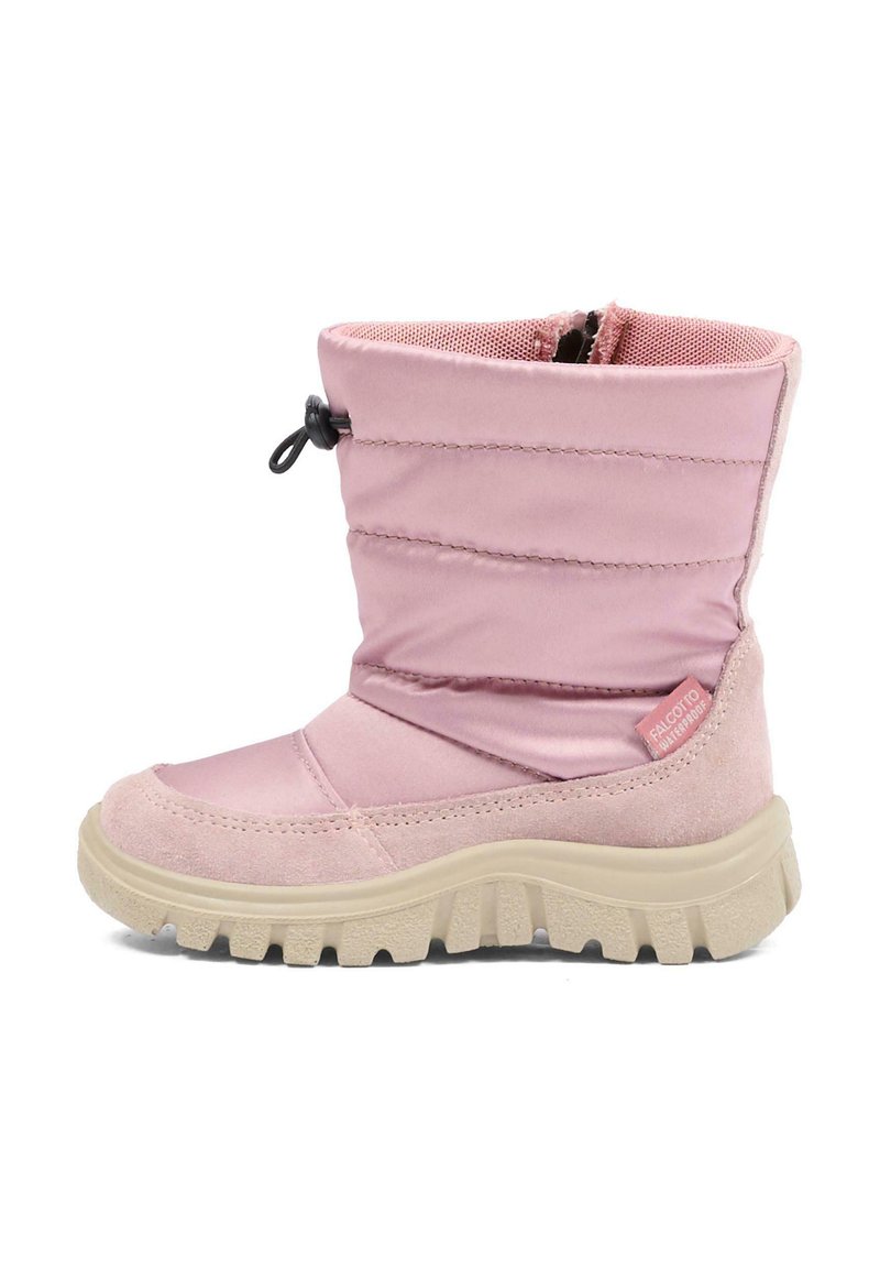 Różowy zimowy botek za kostkę z wyściełaną cholewką, beżową grubą podeszwą, bocznym zamkiem błyskawicznym i regulowanym ściągaczem u góry.