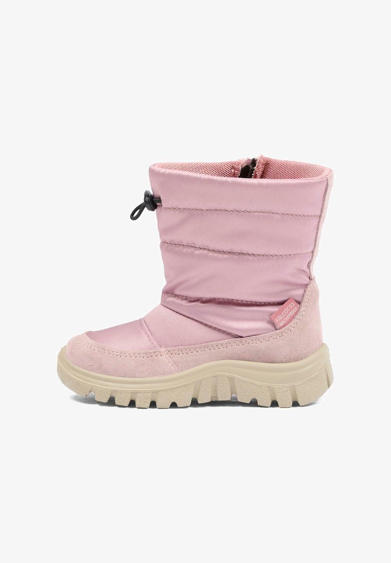 Różowy zimowy botek za kostkę z wyściełaną cholewką, beżową grubą podeszwą, bocznym zamkiem błyskawicznym i regulowanym ściągaczem u góry.