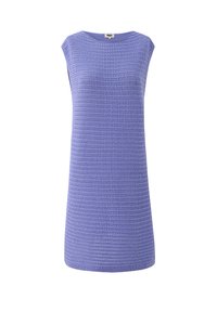 Ärmelloses, helllila Kleid mit strukturiertem Strickmuster und geradem Schnitt. Einfaches Design, knielang, mit rundem Ausschnitt.
