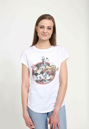 Biała bawełniana koszulka z krótkim rękawem, z kolorową grafiką postaci z kreskówek, w tym Myszki Mickey, w okrągłym wzorze. Luźny krój.