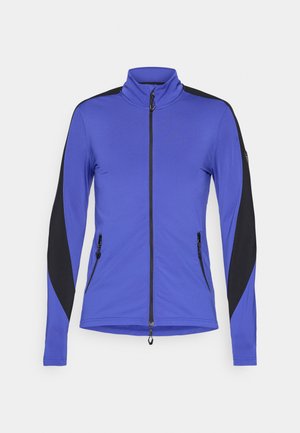 Mėlynas prigludęs užtrauktukas švarkas su juodais akcentais, aukštu kaklu, ilgomis rankovėmis ir dviem šoninėmis užtrauktukinėmis kišen�ėmis. Sklandus paviršius ir sportiškas dizainas.